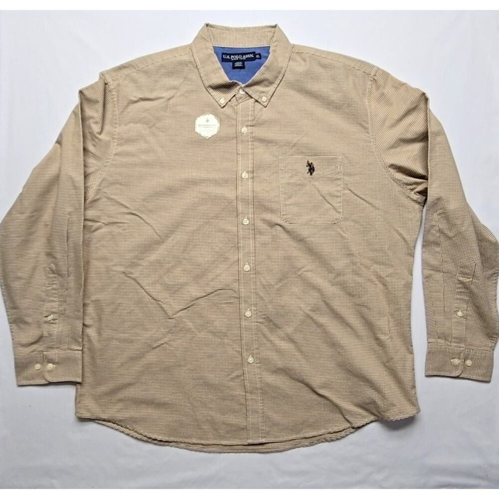 U.S. Polo Assn. Button Down Beige Micro Checkered Long Sleeve 2XL Mens Shirt